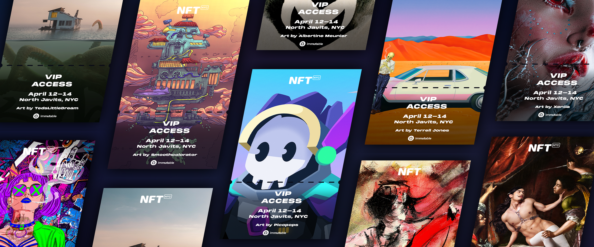All Tickets to NFT.NYC 2023 are minted on Immutable, and feature an artwork from the NFT.NYC 2023 Community Artist Showcase.